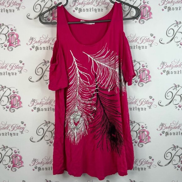 Ricki's tshirt top cold shoulder open pink Fuchsia Feather 🪶 Print Tunic - Picture 1 of 10